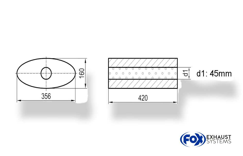 FoxUni-Schalldämpfer oval ohne Stutzen - Abwicklung 818 356x160mm, d1Ø 45mm, Länge: 420mm
