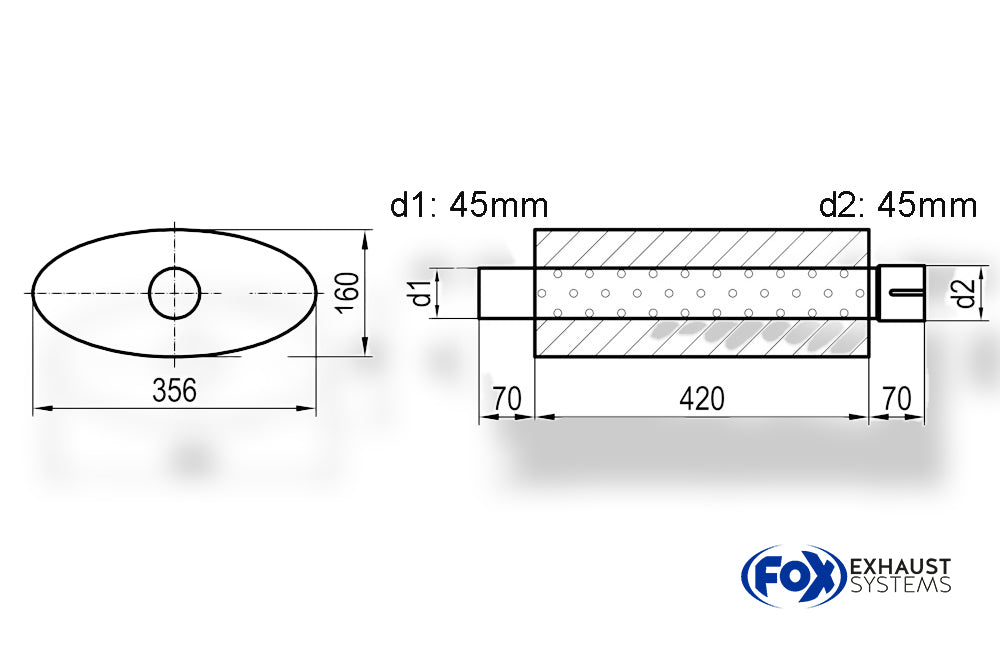 FoxUni-Schalldämpfer oval mit Stutzen - Abwicklung 818 356x160mm, d1Ø 45mm  d2Ø 45,5mm, Länge: 420mm