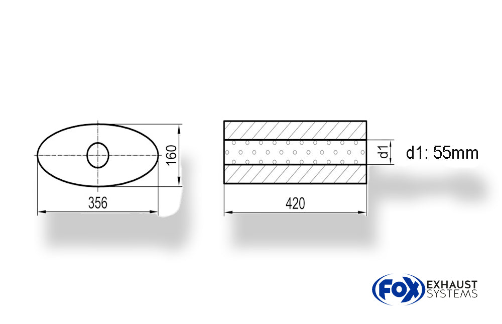 FoxUni-Schalldämpfer oval ohne Stutzen - Abwicklung 818 356x160mm, d1Ø 55mm, Länge: 420mm