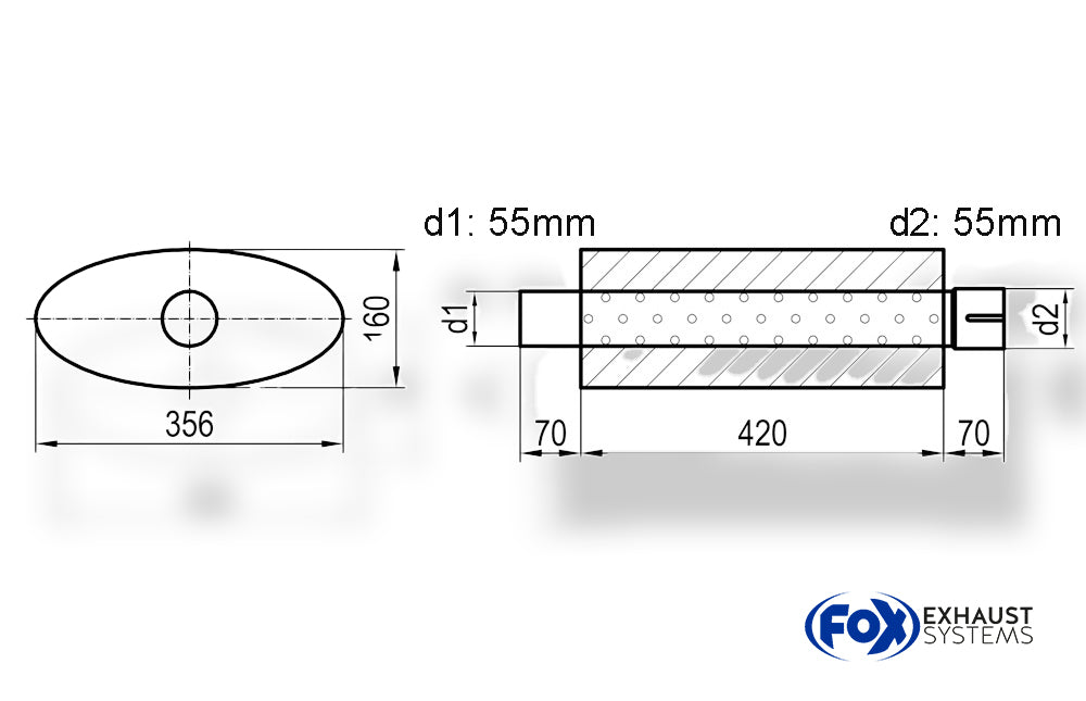 FoxUni-Schalldämpfer oval mit Stutzen - Abwicklung 818 356x160mm, d1Ø 55mm  d2Ø 55,5mm, Länge: 420mm