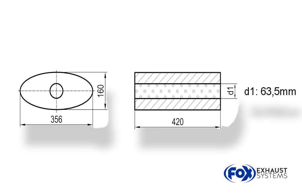 FoxUni-Schalldämpfer oval ohne Stutzen - Abwicklung 818 356x160mm, d1Ø 63,5mm, Länge: 420mm
