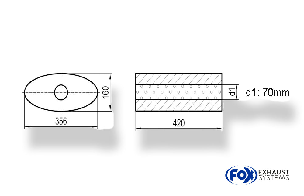 FoxUni-Schalldämpfer oval ohne Stutzen - Abwicklung 818 356x160mm, d1Ø 70mm, Länge: 420mm