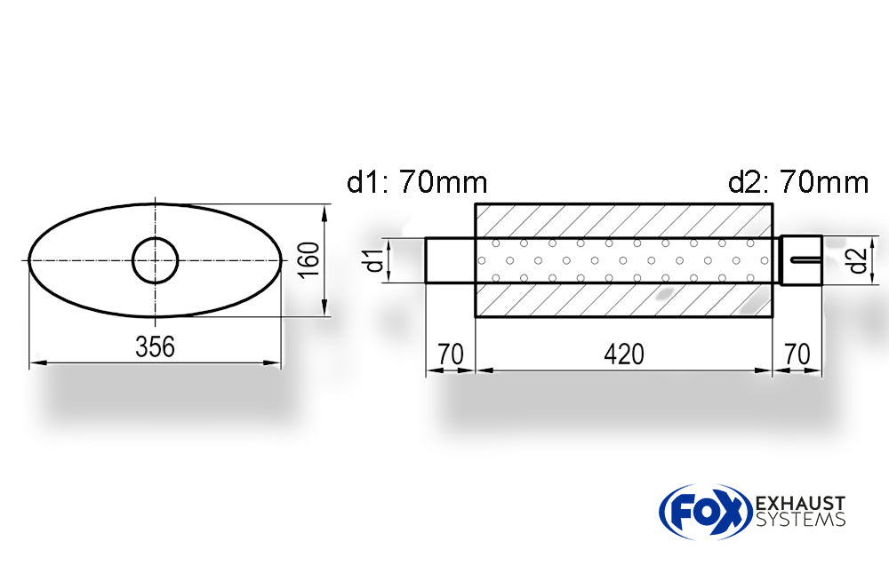 FoxUni-Schalldämpfer oval mit Stutzen - Abwicklung 818 356x160mm, d1Ø 70mm  d2Ø 70,5mm, Länge: 420mm