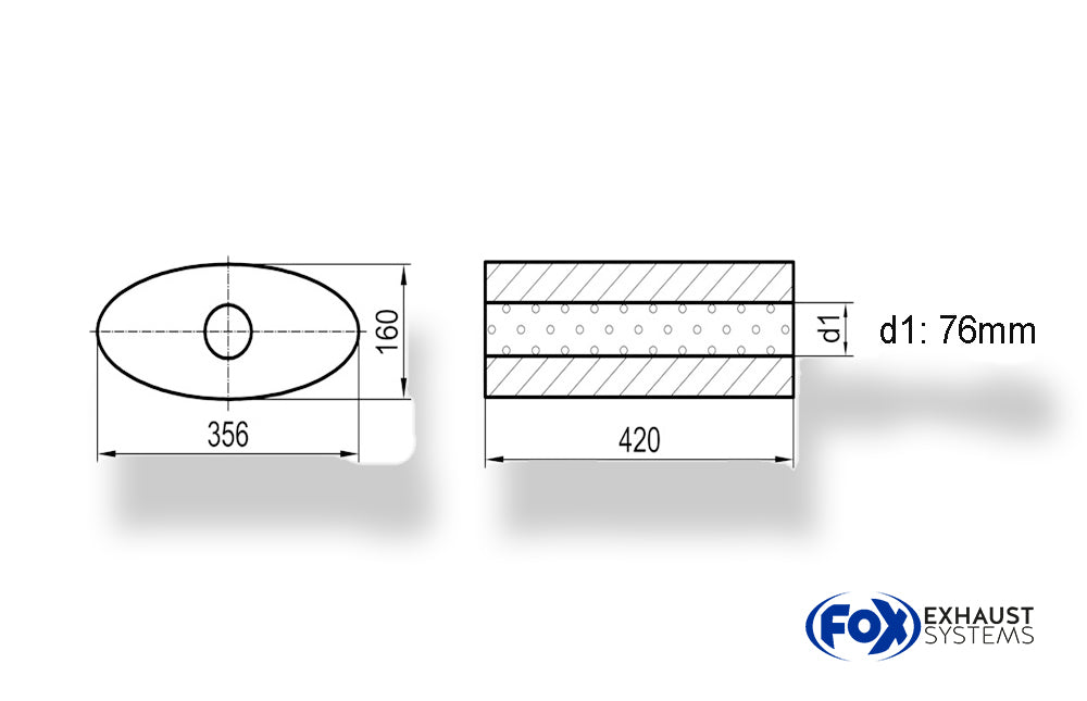 FoxUni-Schalldämpfer oval ohne Stutzen - Abwicklung 818 356x160mm, d1Ø 76mm, Länge: 420mm