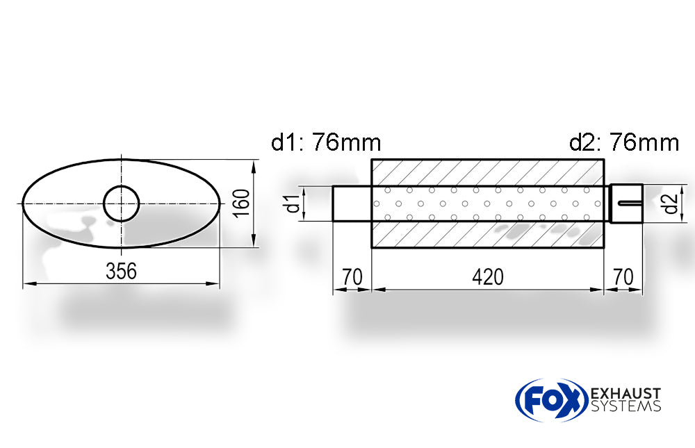 FoxUni-Schalldämpfer oval mit Stutzen - Abwicklung 818 356x160mm, d1Ø 76mm  d2Ø 76,5mm, Länge: 420mm