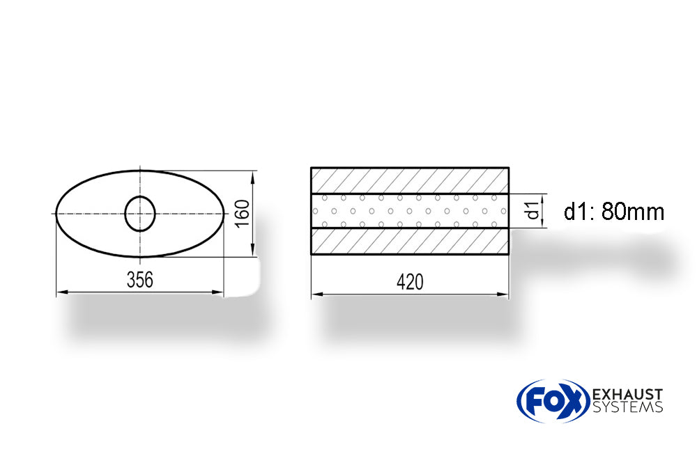FoxUni-Schalldämpfer oval ohne Stutzen - Abwicklung 818 356x160mm, d1Ø 80mm, Länge: 420mm
