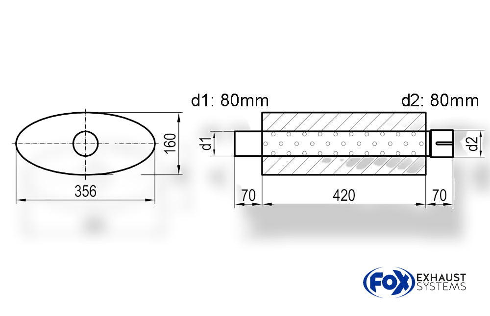 FoxUni-Schalldämpfer oval mit Stutzen - Abwicklung 818 356x160mm, d1Ø 80mm  d2Ø 80mm Länge: 420mm