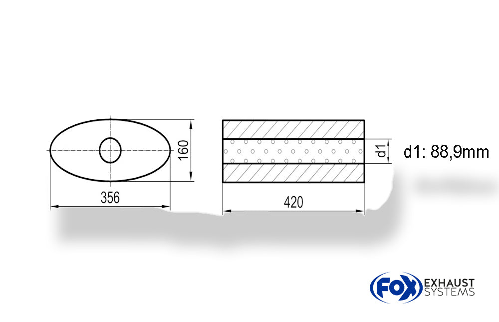 FoxUni-Schalldämpfer oval ohne Stutzen - Abwicklung 818 356x160mm, d1Ø 88,9mm, Länge: 420mm