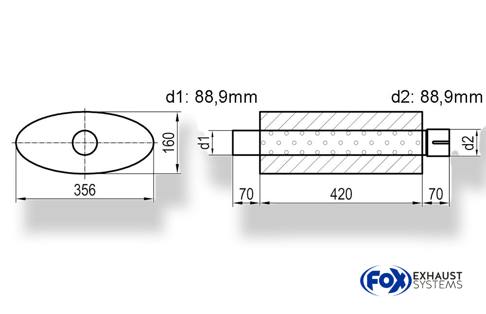 FoxUni-Schalldämpfer oval mit Stutzen - Abwicklung 818 356x160mm, d1Ø 88,9mm  d2Ø 88,9mm Länge: 420mm