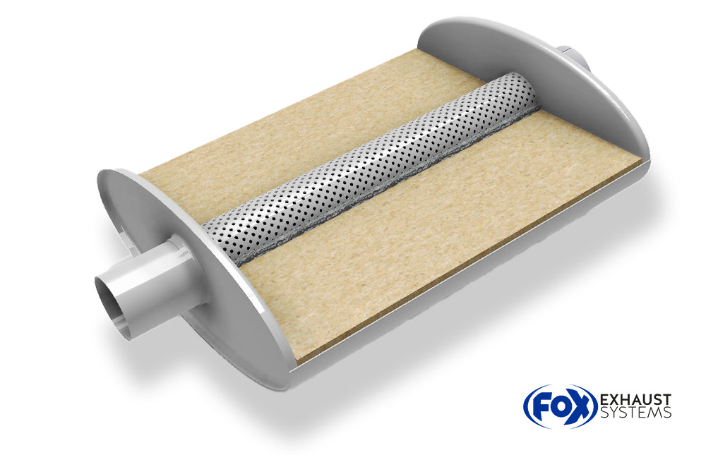 Fox Uni-Schalldämpfer oval mit Stutzen - Abwicklung 818 356x160mm, d1Ø 55mm  d2Ø 55,5mm, Länge: 420mm