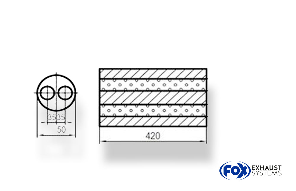 FoxUni-Schalldämpfer rund zweiflutig - Abwicklung 466 Ø150, d1Ø 45mm, Länge: 420mm