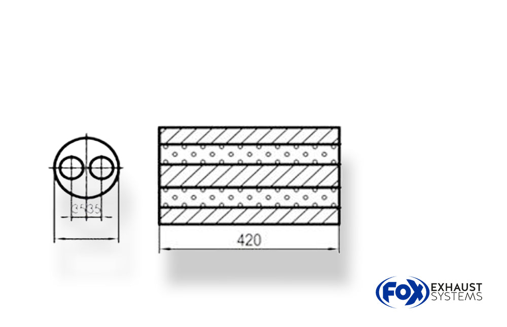 FoxUni-Schalldämpfer rund zweiflutig - Abwicklung 466 Ø150, d1Ø 55mm, Länge: 420mm