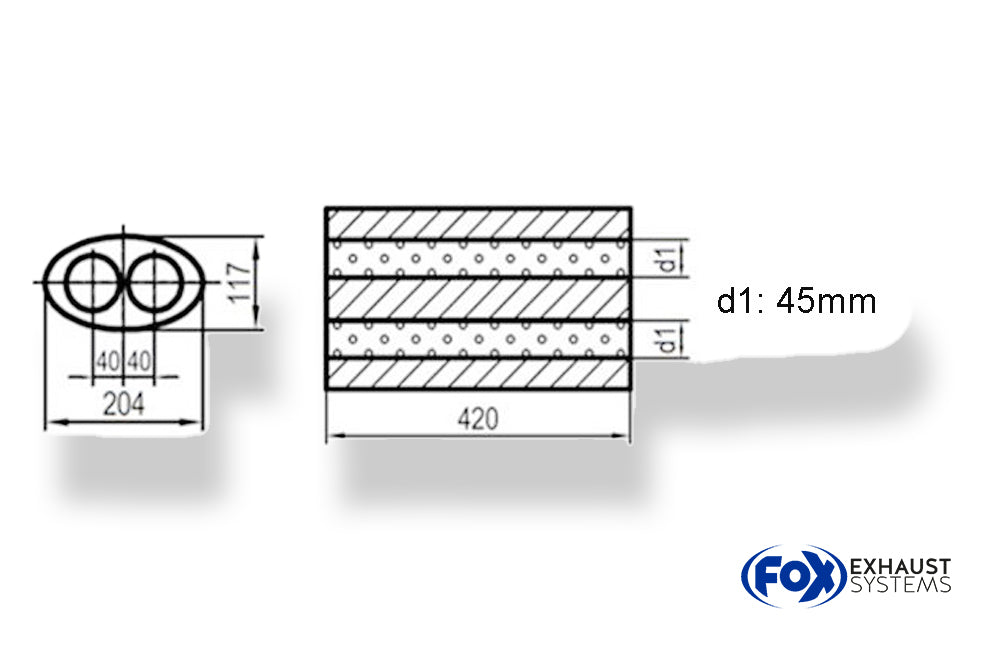 Fox Uni-Schalldämpfer oval zweiflutig - Abwicklung 525 204x117mm, d1Ø 45mm, Länge: 420mm