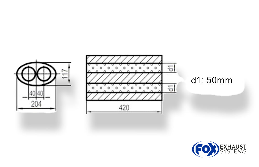 Fox Uni-Schalldämpfer oval zweiflutig - Abwicklung 525 204x117mm, d1Ø 50mm, Länge: 420mm