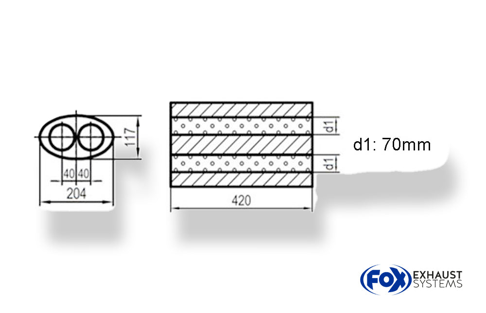 Fox Uni-Schalldämpfer oval zweiflutig - Abwicklung 525 204x117mm, d1Ø 70mm, Länge: 420mm