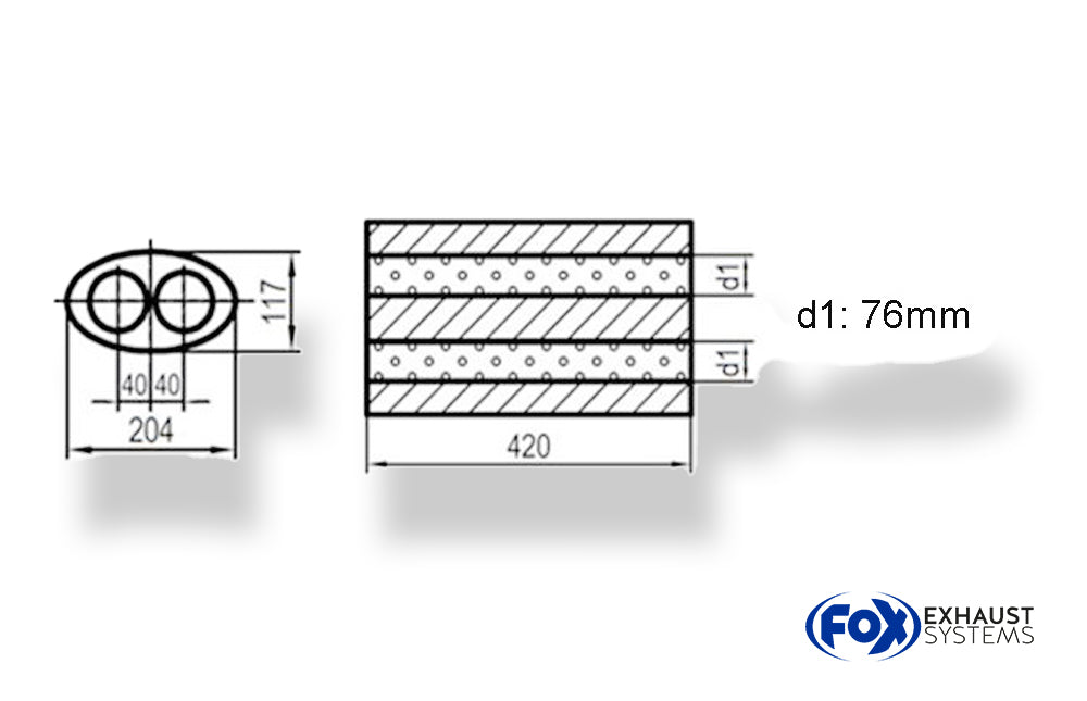 Fox Uni-Schalldämpfer oval zweiflutig - Abwicklung 525 204x117mm, d1Ø 76mm, Länge: 420mm