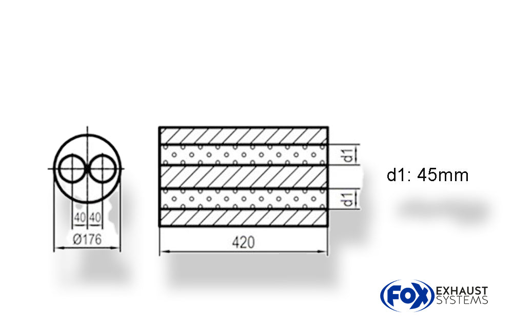 FoxUni-Schalldämpfer rund ohne Stutzen - Abwicklung 556 Ø176mm, zweiflutig d1Ø 45mm, Länge: 420mm -Ø 176mm