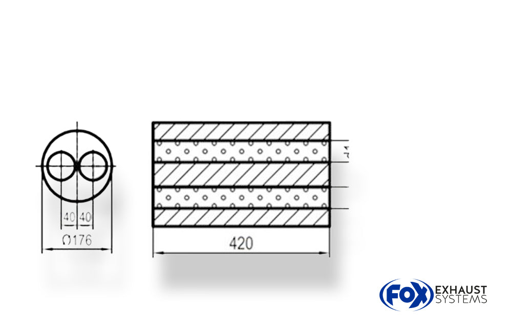 FoxUni-Schalldämpfer rund ohne Stutzen - Abwicklung 556 Ø176mm, zweiflutig d1Ø 50mm, Länge: 420mm -Ø 176mm