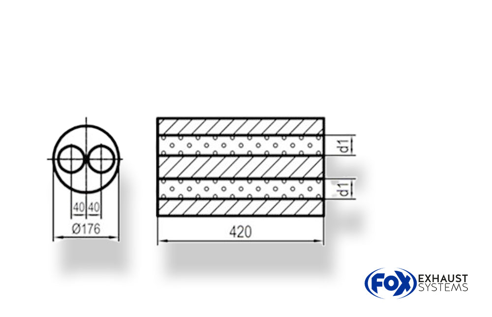 FoxUni-Schalldämpfer rund ohne Stutzen - Abwicklung 556 Ø176mm, zweiflutig d1Ø 55mm, Länge: 420mm -Ø 176mm