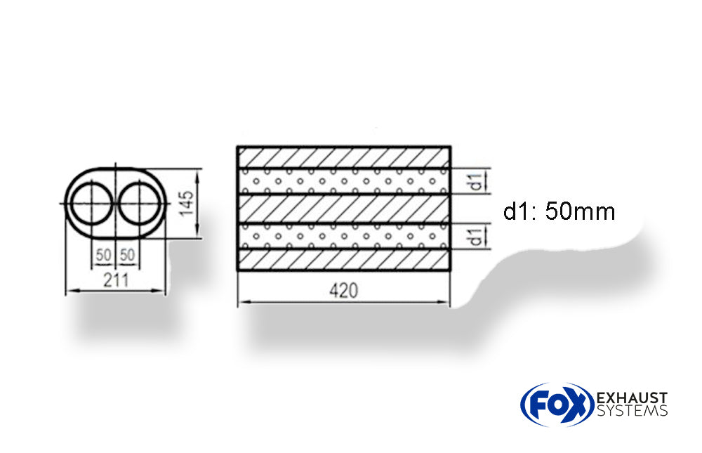 Fox Uni-Schalldämpfer oval zweiflutig - Abwicklung 585 211x145mm, d1Ø 50mm, Länge: 420mm
