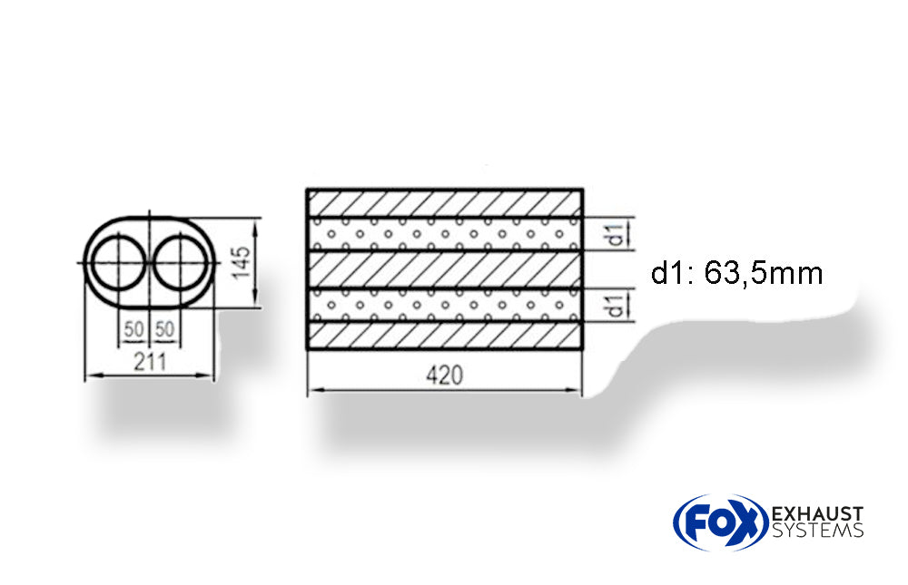 Fox Uni-Schalldämpfer oval zweiflutig - Abwicklung 585 211x145mm, d1Ø 63,5mm, Länge: 420mm