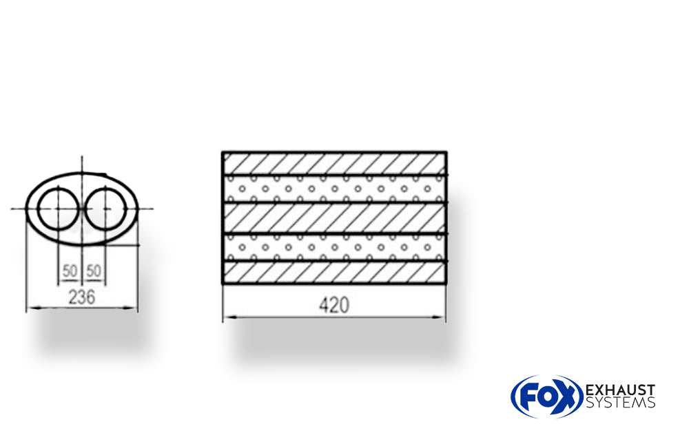 Fox Uni-Schalldämpfer oval zweiflutig - Abwicklung 618 236x150mm, d1Ø 63,5mm, Länge: 420mm