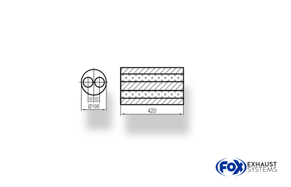 FoxUni-Schalldämpfer rund zweiflutig - Abwicklung 626 Ø 198mm, zweiflutig, d1Ø 63,5mm, Länge: 420mm -Ø 198mm