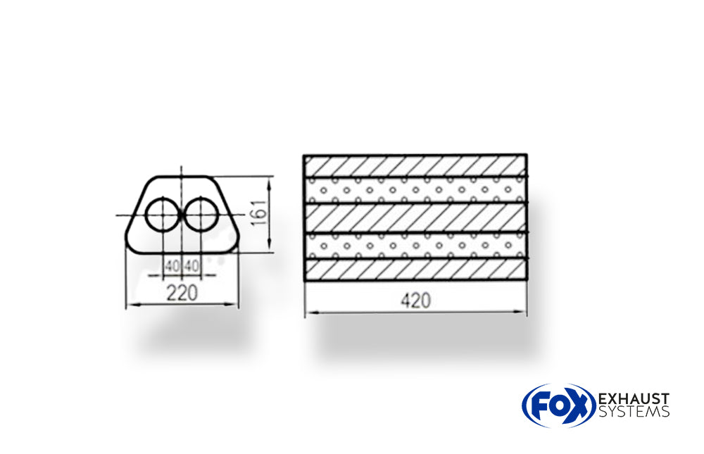 Fox Uni-Schalldämpfer Trapezoid zweiflutig - Abwicklung 644 220x161mm, d1Ø 45mm, Länge: 420mm