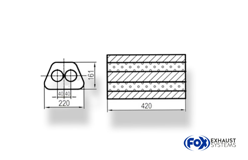Fox Uni-Schalldämpfer Trapezoid zweiflutig - Abwicklung 644 220x161mm, d1Ø 50mm, Länge: 420mm