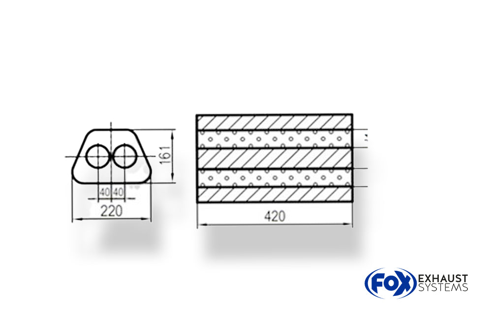 Fox Uni-Schalldämpfer Trapezoid zweiflutig - Abwicklung 644 220x161mm, d1Ø 76mm, Länge: 420mm