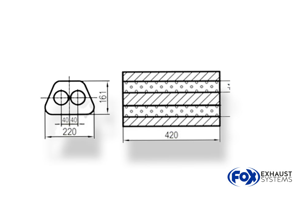 Fox Uni-Schalldämpfer Trapezoid zweiflutig - Abwicklung 644 220x161mm, d1Ø 88mm, Länge: 420mm