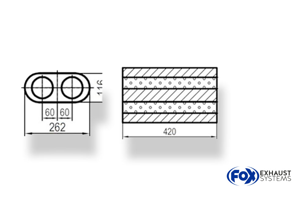 Fox Uni-Schalldämpfer oval zweiflutig - Abwicklung 650 262x116mm, d1Ø 50mm, Länge: 420mm