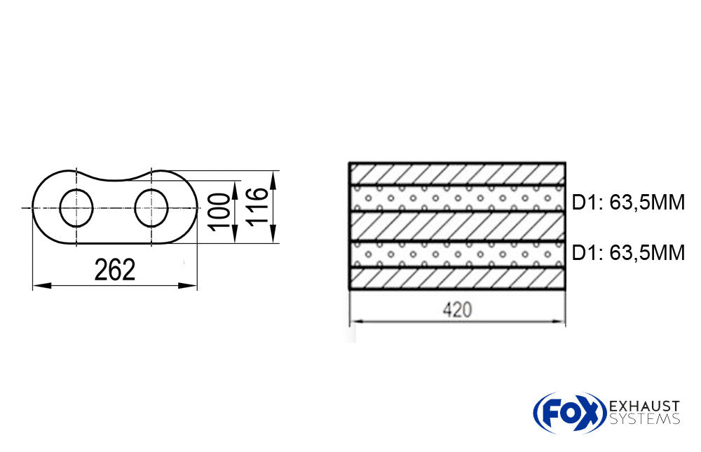 Fox Uni-Schalldämpfer oval zweifllutig ohne Stutzen - Abw. 655 262x116mm, d1Ø 63,5mm, Länge: 420mm