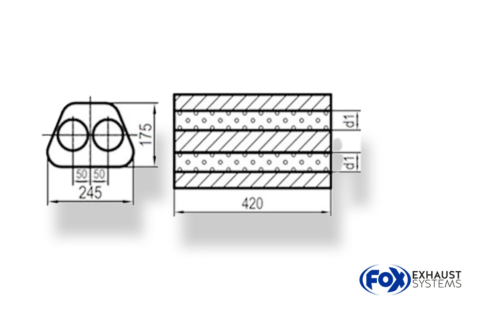Fox Uni-Schalldämpfer Trapezoid zweiflutig - Abwicklung 711 245x175mm, d1Ø 55mm  außen -, Länge: 420mm