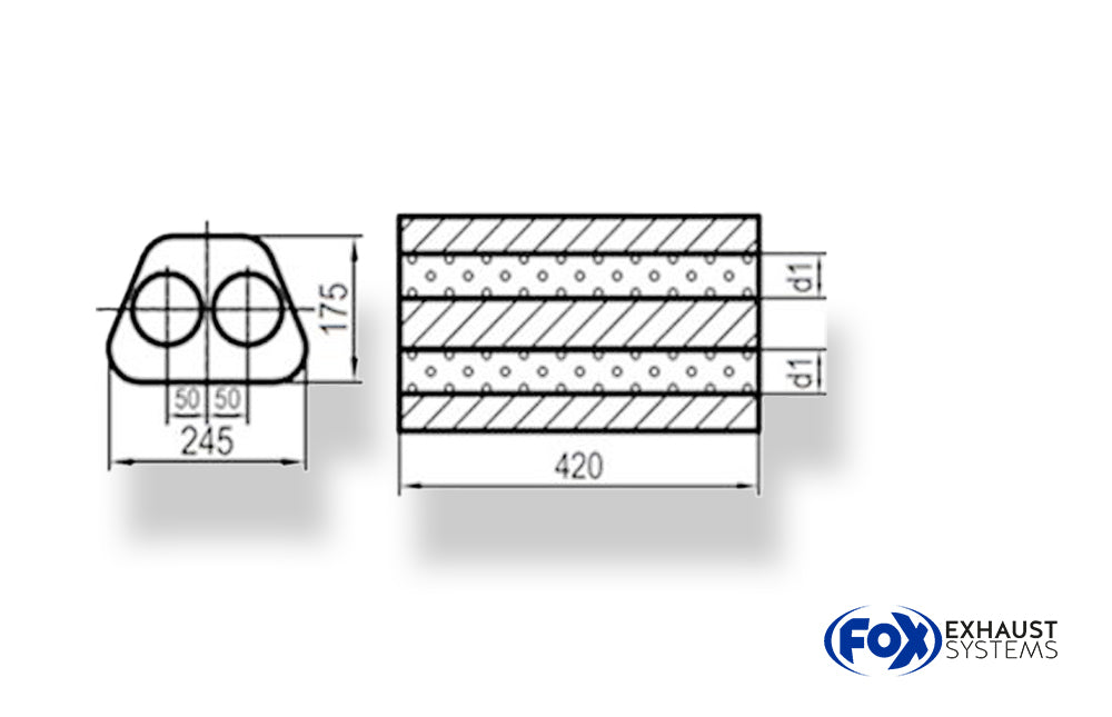 Fox Uni-Schalldämpfer Trapezoid zweiflutig - Abwicklung 711 245x175mm, d1Ø 63,5mm  außen -, Länge: 420mm