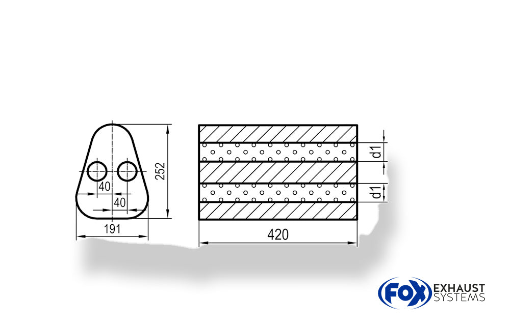 Fox Uni-Schalldämpfer Dreieckig zweiflutig - Abwicklung 725 191x252mm, d1Ø 2x55mm außen - Länge: 420mm