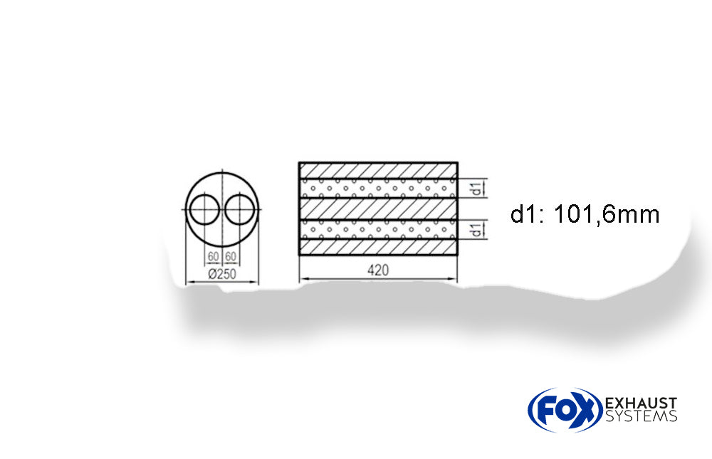 FoxUni-Schalldämpfer rund zweiflutig  - Abwicklung 784 Ø 250mm, d1: 101,6mm, Länge: 420mm -Ø250mm