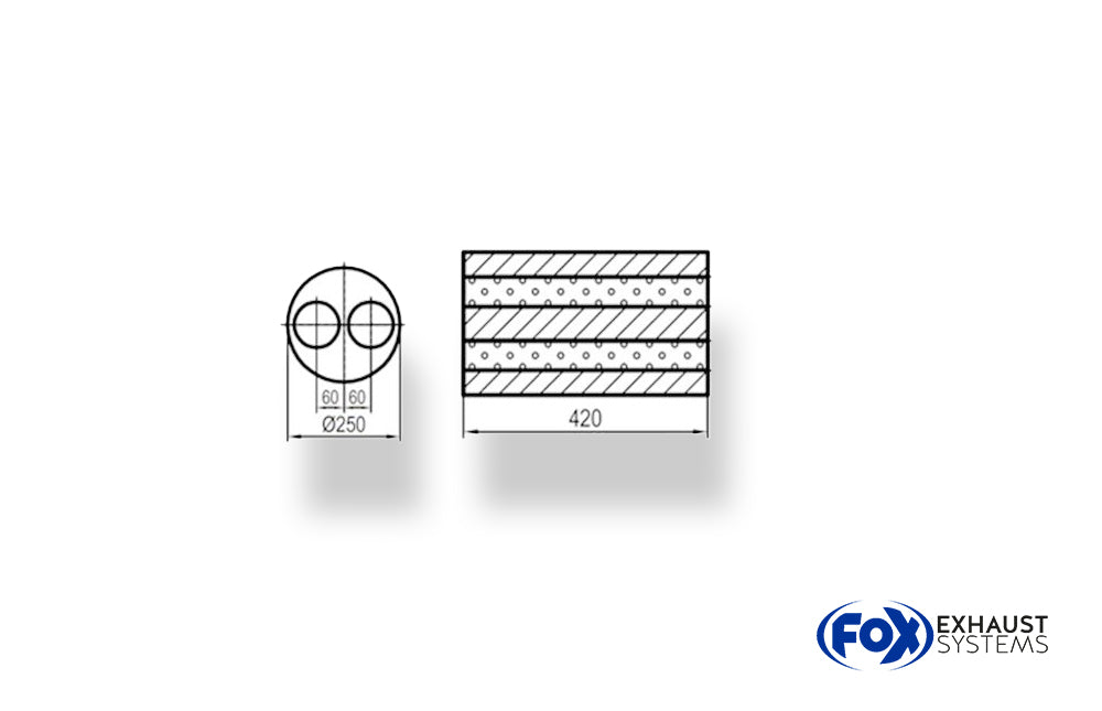 FoxUni-Schalldämpfer rund zweiflutig  - Abwicklung 784 Ø 250mm, d1: 50mm, Länge: 420mm -Ø250mm