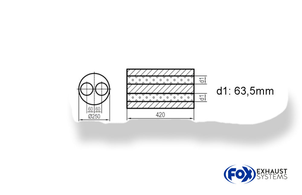 FoxUni-Schalldämpfer rund zweiflutig  - Abwicklung 784 Ø 250mm, d1: 63,5mm, Länge: 420mm -Ø250mm