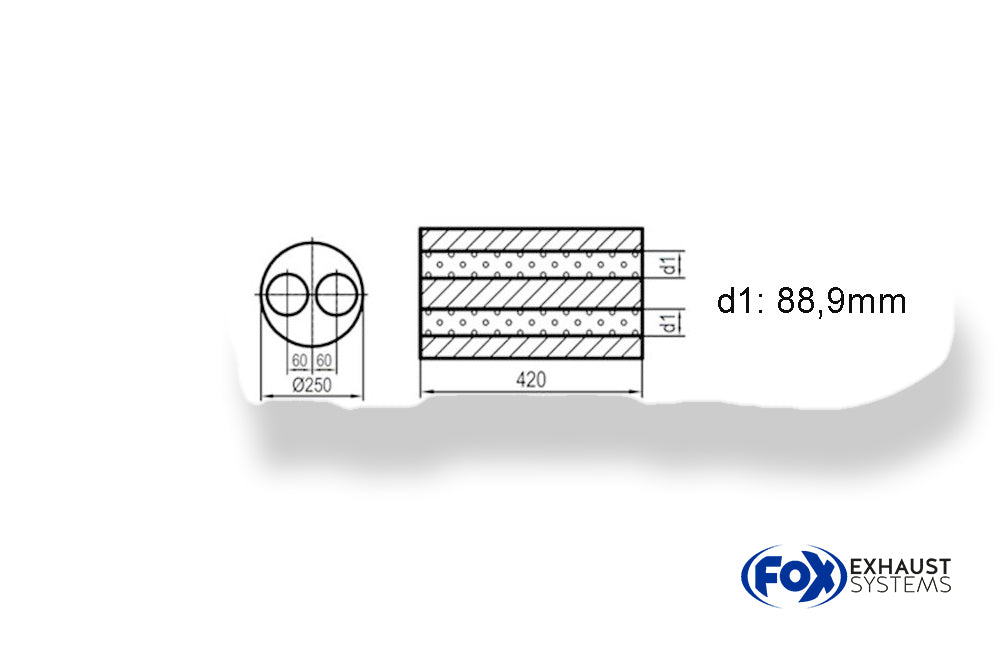 FoxUni-Schalldämpfer rund zweiflutig  - Abwicklung 784 Ø 250mm, d1: 88mm, Länge: 420mm -Ø250mm