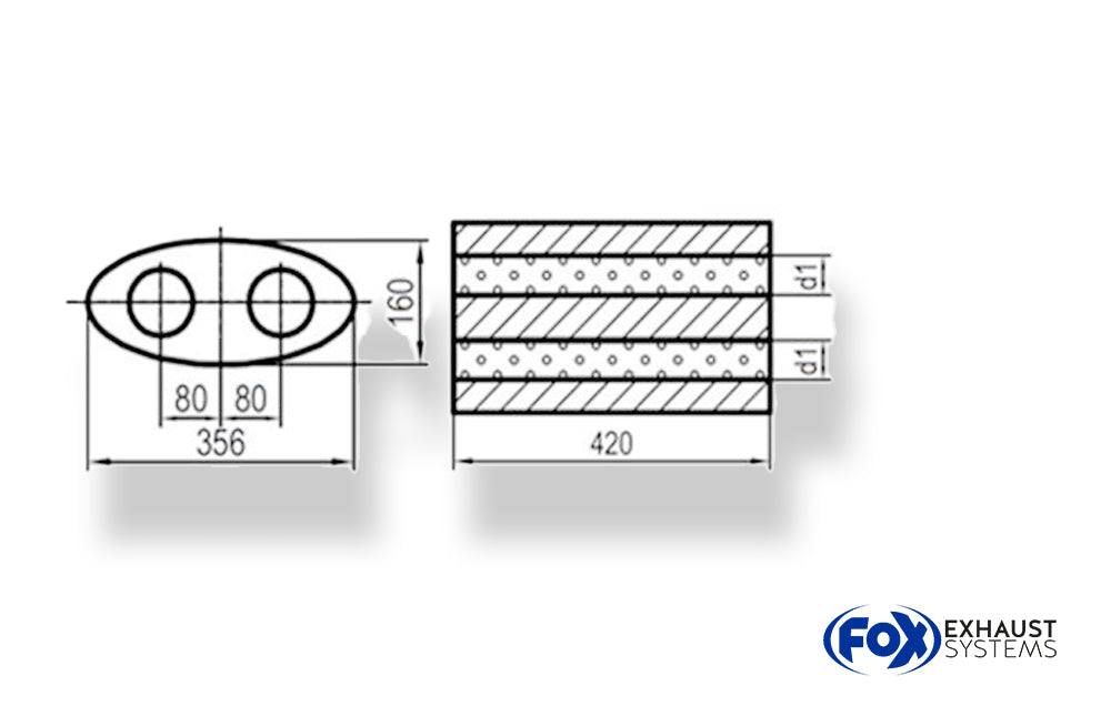FoxUni-Schalldämpfer oval zweiflutig - Abwicklung 818 356x160mm, d1Ø 50mm, Länge: 420mm