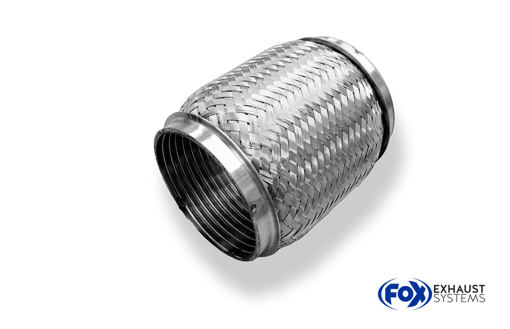 Fox Flexibles Rohr Interlock - Ø76mm  - Länge: 150mm + Stutzen Innenleben besteht aus Edelstahlwellrohr - Außenhülle ist Edelstahlgeflecht -  Mit Edelstahl-Schlussstutzen zum Schrauben mit Schelle - d2 (innen): variabel (muss separat angegeben werden!)