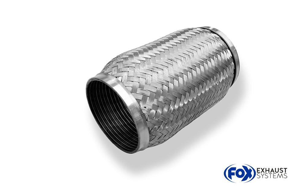 Fox Flexibles Rohr Interlock - Ø90mm  - Länge: 200mm + Stutzen Innenleben besteht aus Edelstahlwellrohr - Außenhülle ist Edelstahlgeflecht -  Mit Edelstahl-Schlussrohren zum Anschweißen - d2 (innen): variabel (muss separat angegeben werden!)
