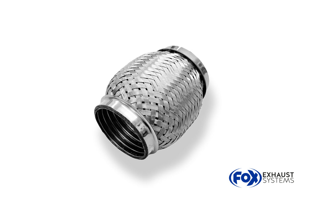 Fox Flexibles Rohr Interlock - Ø54mm  - Länge: 100mm + Stutzen Innenleben besteht aus Edelstahlwellrohr - Außenhülle ist Edelstahlgeflecht -  Mit Edelstahl-Schlussrohren zum Anschweißen - d2 (innen): variabel (muss separat angegeben werden!)