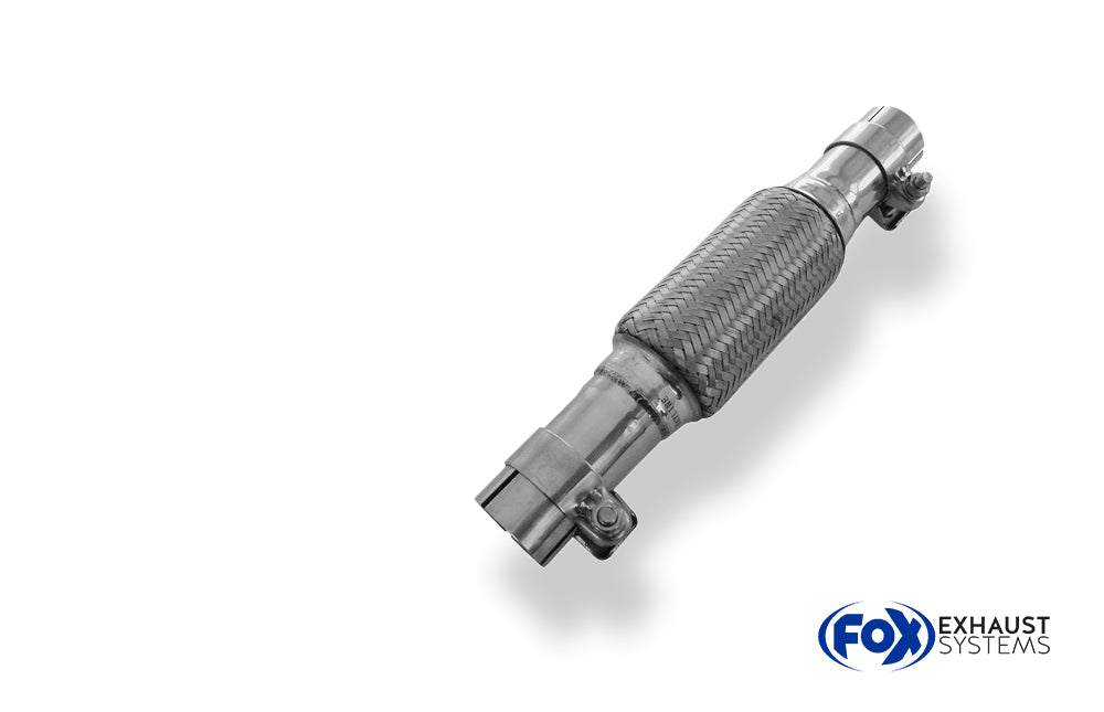 FoxFlexibles Rohr Interlock - Ø63mm  - Länge: 100mm + Stutzen Innenleben besteht aus Edelstahlwellrohr - Außenhülle ist Edelstahlgeflecht -  Mit Edelstahl-Schlussstutzen zum Schrauben mit Schelle - d2 (innen): variabel (muss separat angegeben werden!)