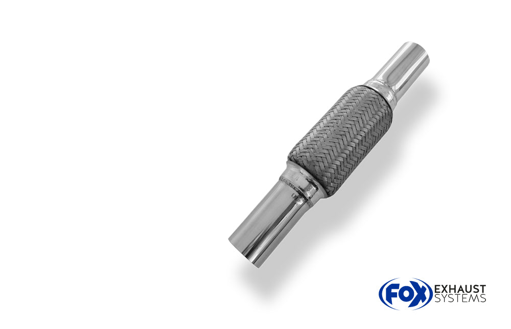 FoxFlexibles Rohr Interlock - Ø63mm  - Länge: 100mm + Stutzen Innenleben besteht aus Edelstahlwellrohr - Außenhülle ist Edelstahlgeflecht -  Mit Edelstahl-Schlussrohren zum Anschweißen - d2 (innen): variabel (muss separat angegeben werden!)