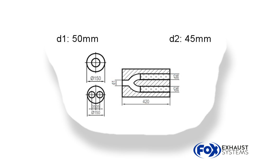 FoxUni-Schalldämpfer rund zweiflutig mit Hose - Abwicklung 466 Ø150mm, d1Ø 50mm  d2Ø 45mm, Länge: 420mm