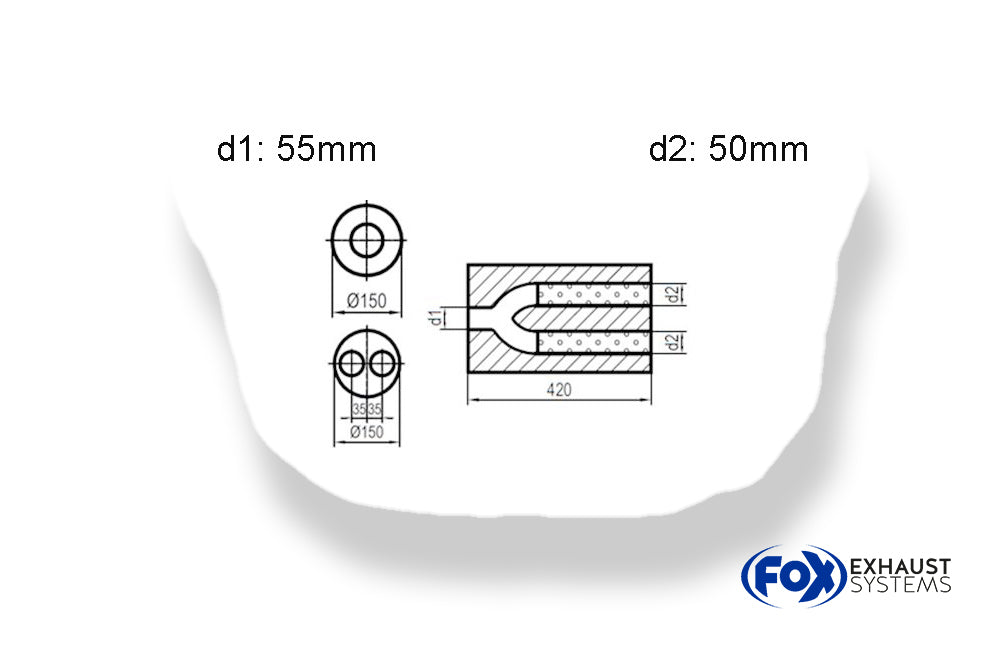 FoxUni-Schalldämpfer rund zweiflutig mit Hose - Abwicklung 466 Ø150mm, d1Ø 55mm  d2Ø 50mm, Länge: 420mm