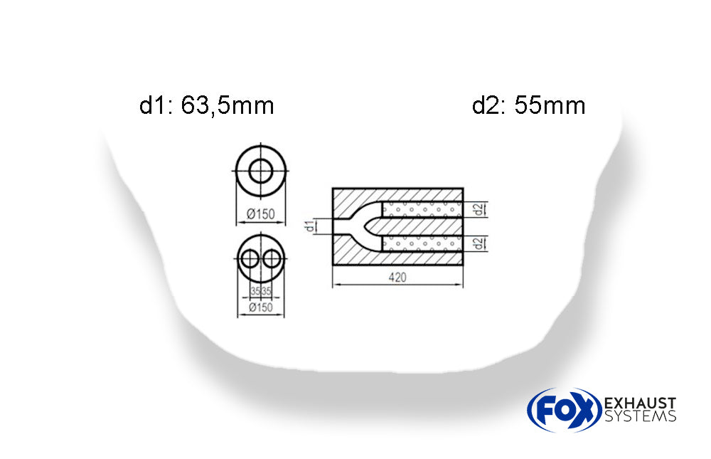 FoxUni-Schalldämpfer rund zweiflutig mit Hose - Abwicklung 466 Ø150mm, d1Ø 63,5mm  d2Ø 55mm, Länge: 420mm