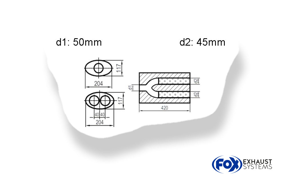 Fox Uni-Schalldämpfer oval zweiflutig mit Hose - Abwicklung 525 204x117mm, d1Ø 50mm  d2Ø 45mm, Länge: 420mm